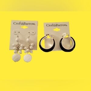 Croft & Barrow 2-Pair Earring Bundle White Beaded Drop & Black Chunky Hoop